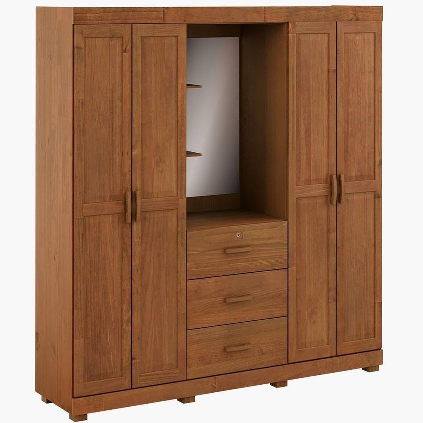 Guarda Roupa Casal Selena 4 Portas De Bater 3 Gavetas Madeira Maciça Castanho Lyam Decor - imagem 3