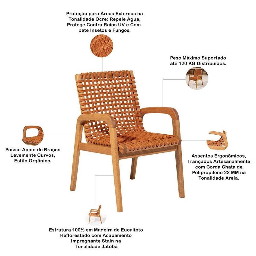 Kit 06 Cadeiras Trammare Estrutura Em Madeira Corda De Polipropileno Ocre Lyam Decor 56cm - imagem 3
