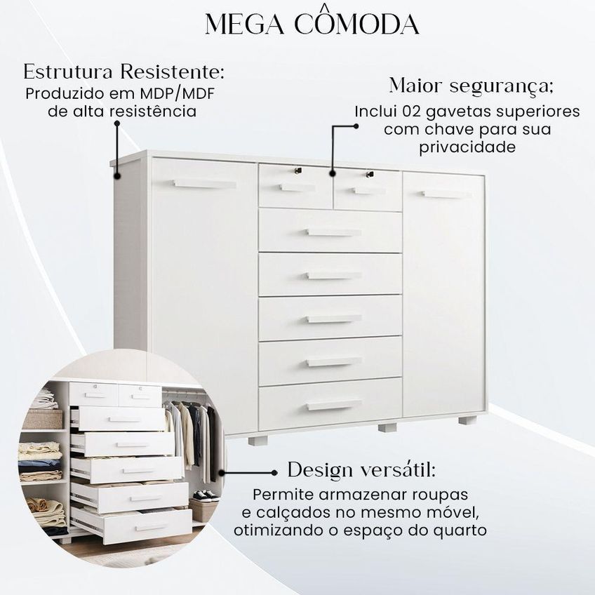 Cômoda Mega 5 Gavetas Com Sapateira Em Mdp Mdf Para Quarto Branco - imagem 3