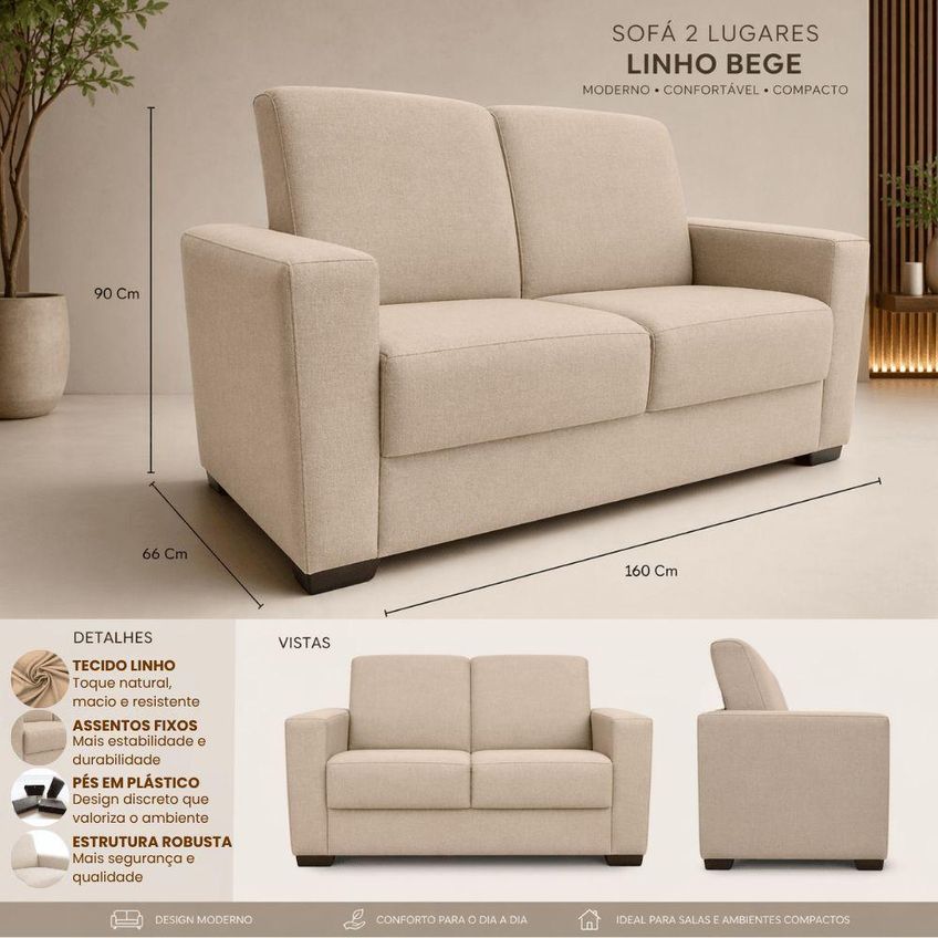 Sofá Namoradeira 2 Lugares 160cm Linho Bege Para Sala Moderna Isa Estofados - imagem 3