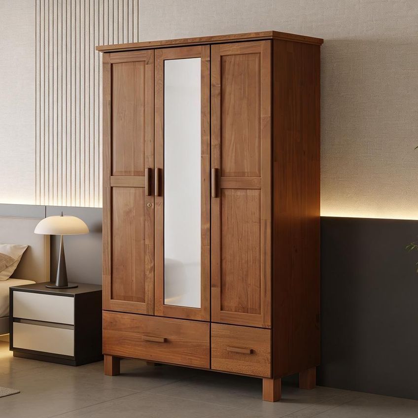 Guarda Roupa Solteiro Selena F06 3 Portas De Bater 2 Gavetas Madeira Maciça Castanho Lyam Decor - imagem 4