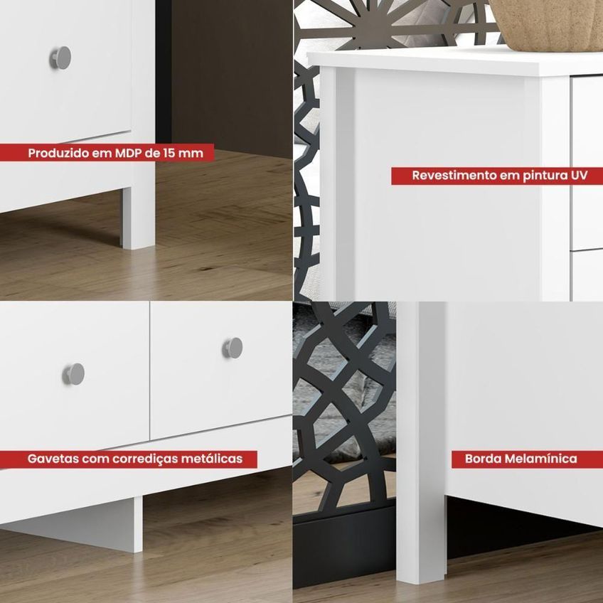 Cômoda DM-221 6 Gavetas MDP Corrediças Telescópicas Branco Ditália Móveis - imagem 5