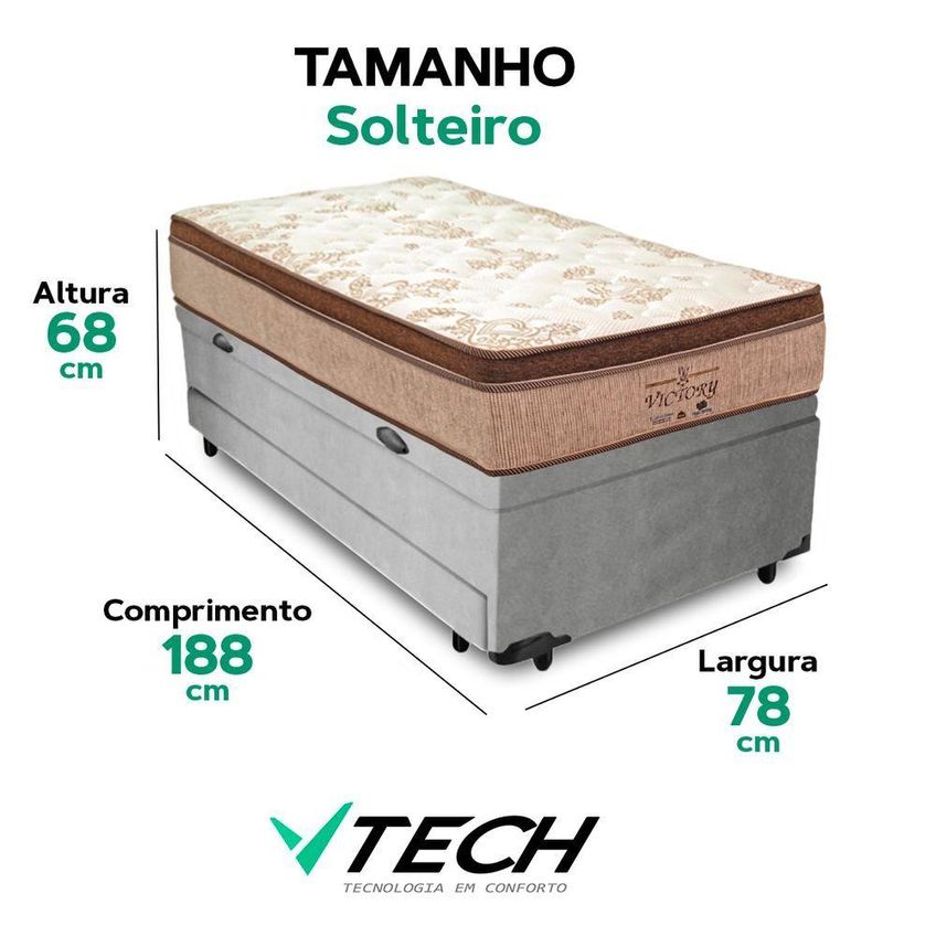 Cama Box Com Baú Bicama Solteiro Victory Euro Pillow Molas Ensacadas Cinza Vtech - imagem 3