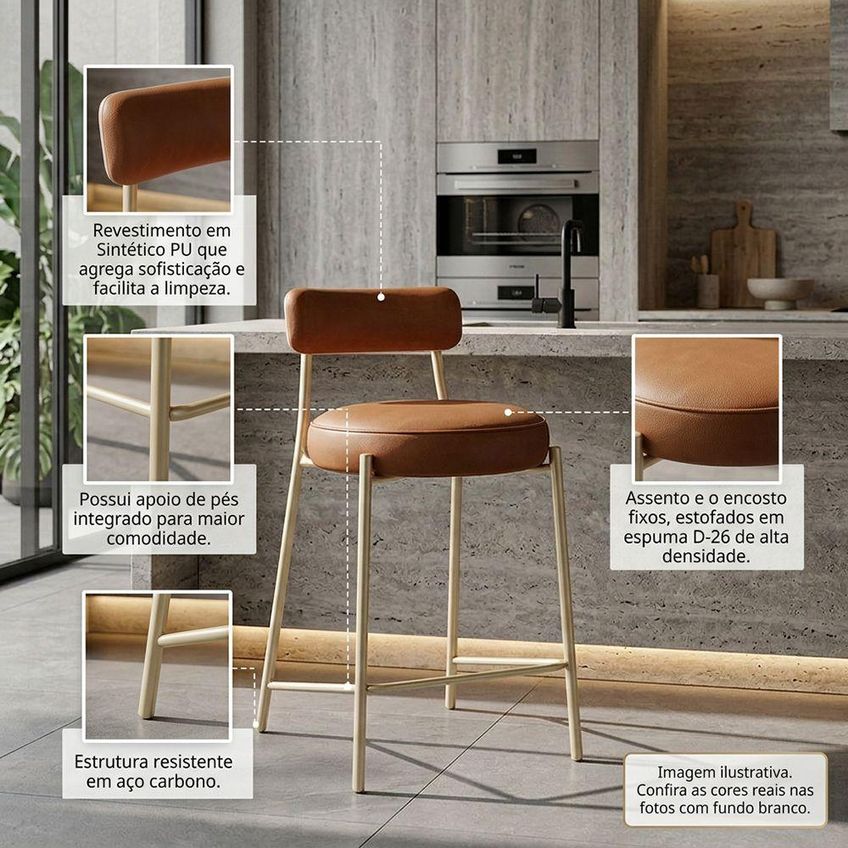 Banqueta Alta Londres Assento Em Pu Base De Aço Com Encosto Fixo 75cm Dourado D'rossi - imagem 5