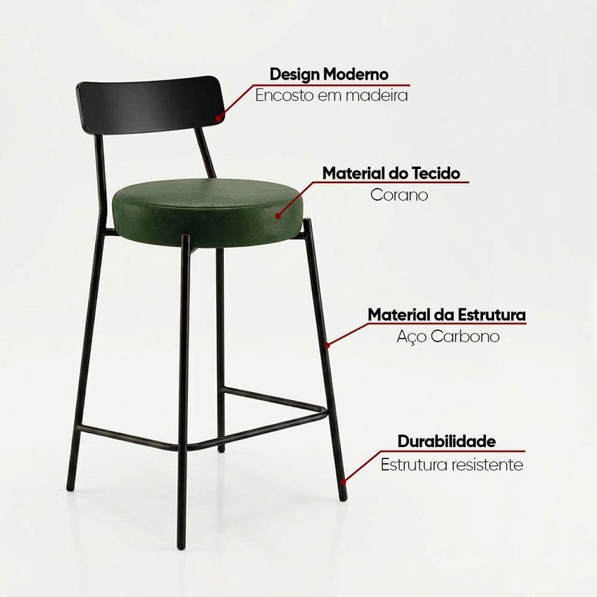 Banqueta Industrial D03 Assento Pu Base Fixa Com Encosto Fixo Verde D'rossi - imagem 3