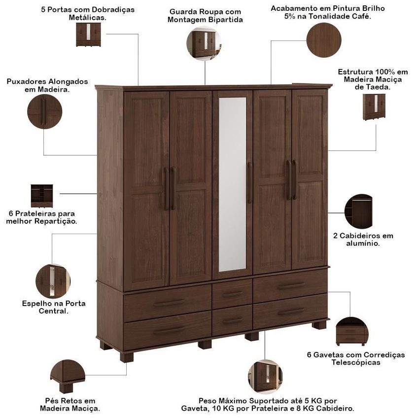 Guarda Roupa Casal Zahav F06 5 Portas De Bater 6 Gavetas Madeira Maciça Café Lyam Decor - imagem 3
