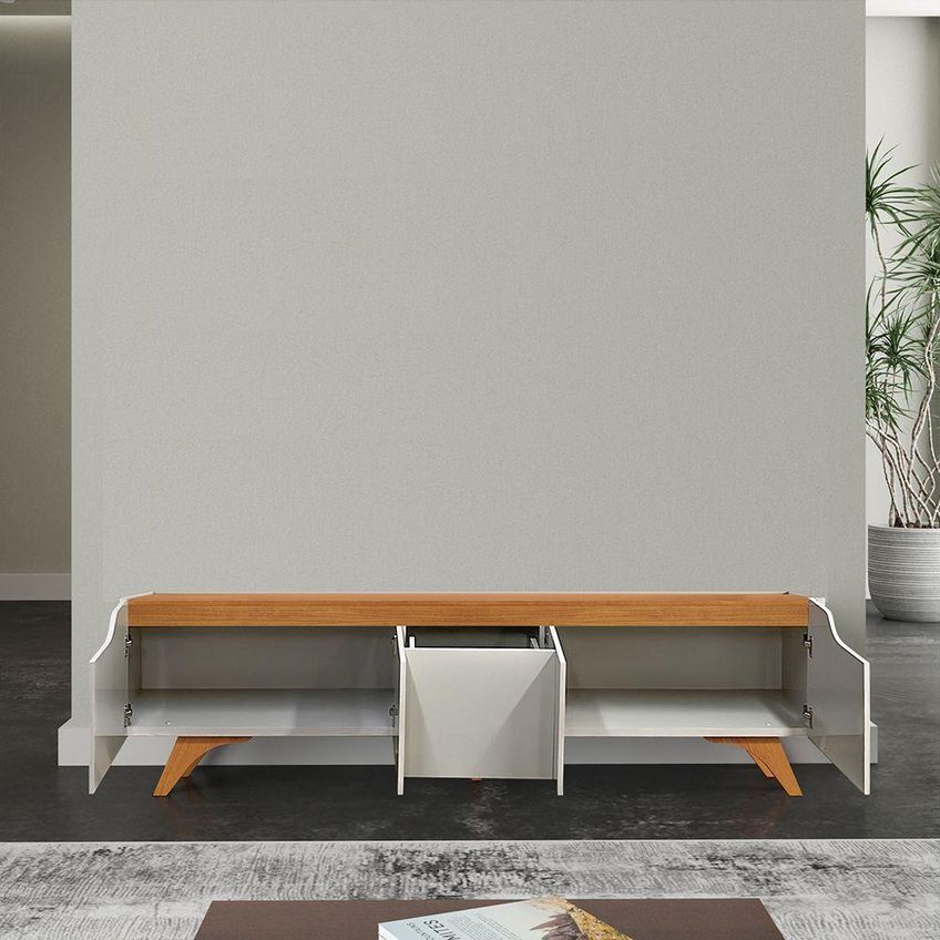 Rack Atenas 220 Para TV 220cm MDF Com Gavetas E Portas Off White E Naturalle Mavaular Móveis - imagem 4