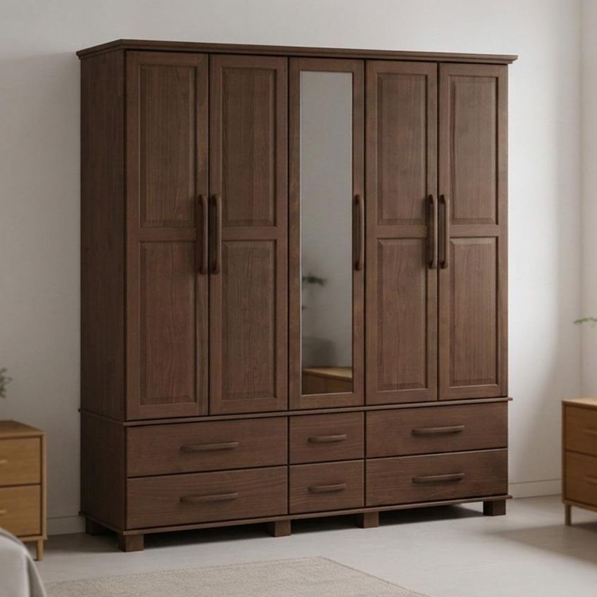 Guarda Roupa Casal Zahav F06 5 Portas De Bater 6 Gavetas Madeira Maciça Café Lyam Decor - imagem 5