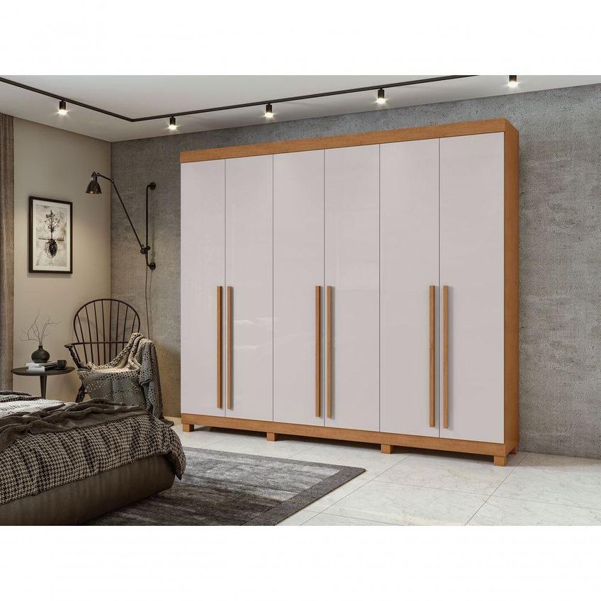 Guarda Roupa Casal Bertha 6 Portas De Bater 4 Gavetas Mdp Amendoa Clean-Off White Móveis Lopas - imagem 3