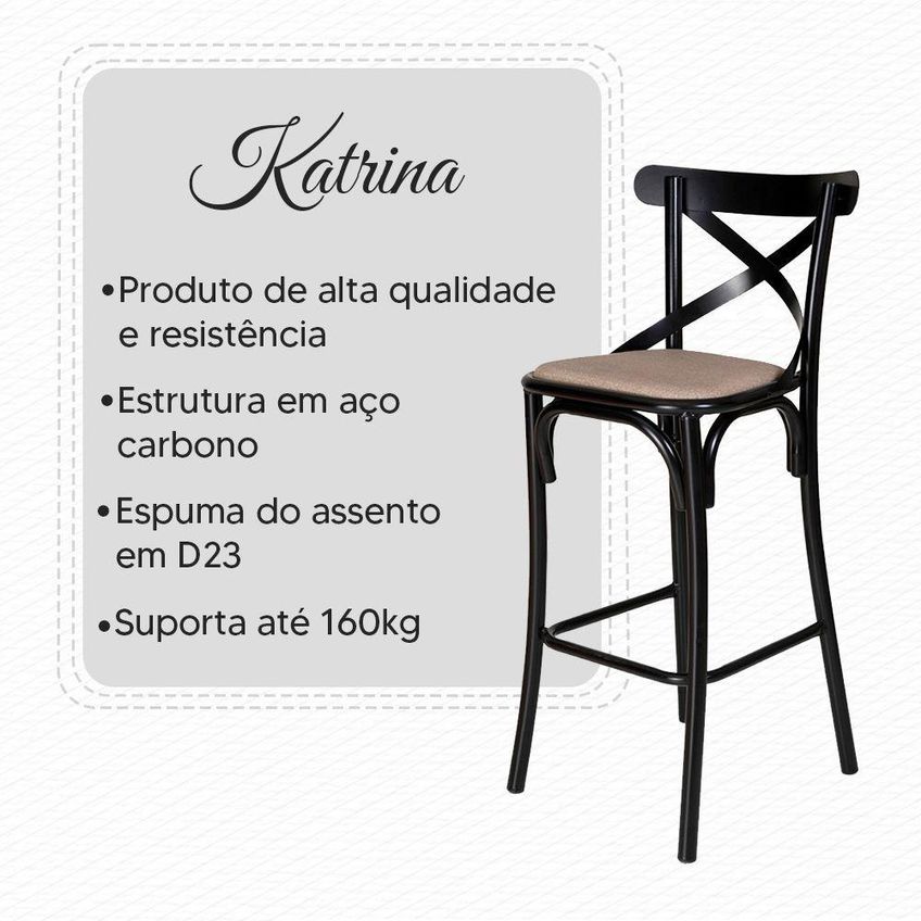 Kit 2 Banquetas Katrina Assento Em Corano Base Em Aco Com Encosto Para Cozinha Bege - imagem 4