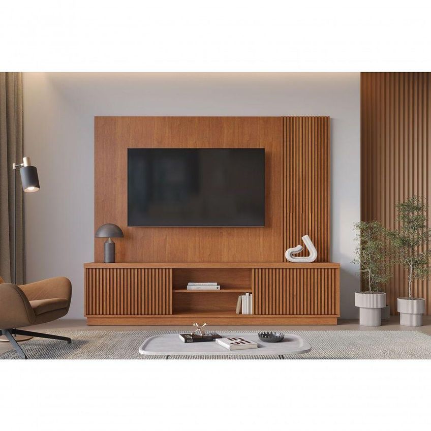 Painel Com Rack Home Arezzo Para TV 75" 220cm MDF-MDP 2 Portas Amadeirado Mavaular Móveis - imagem 3