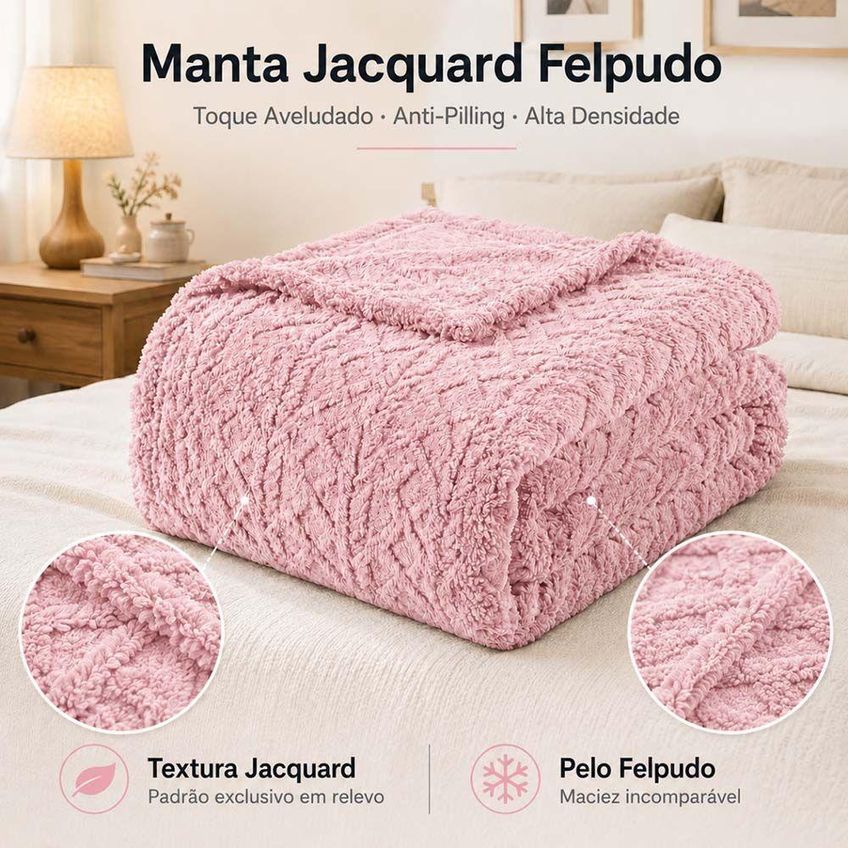 Cobertor Manta Atacama Casal 180x200cm Poliéster Jacquard Relevo Dupla Face Rosa Bebê Clara Luz - imagem 3