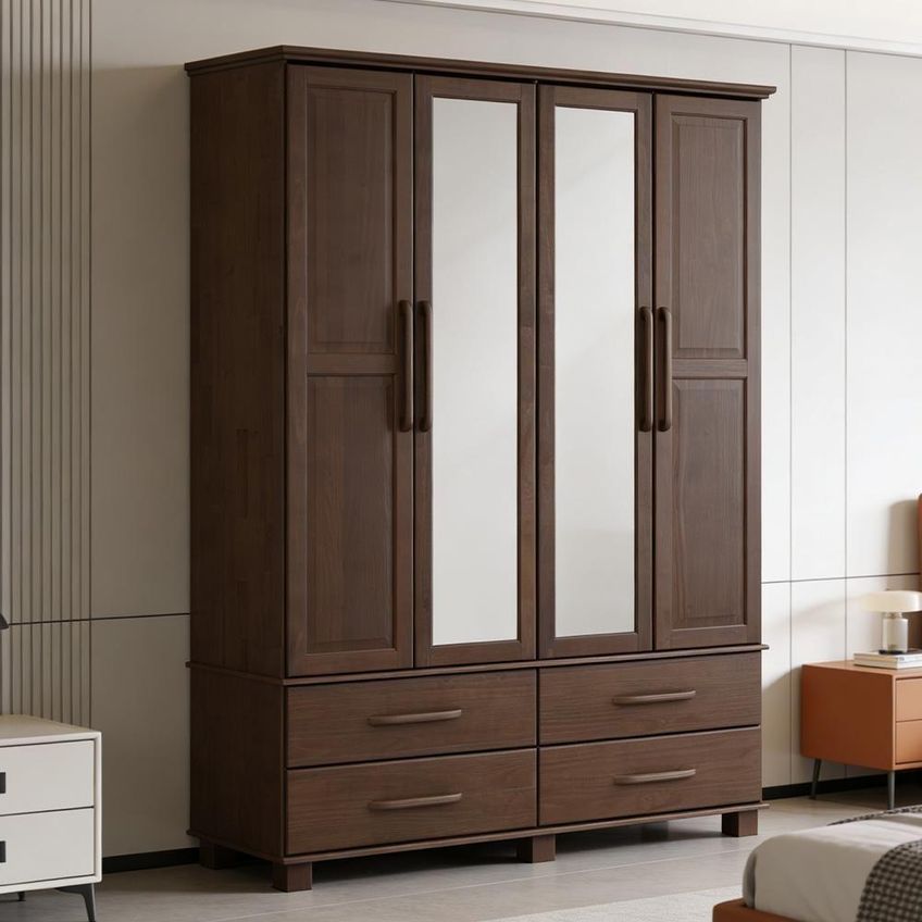 Guarda Roupa Solteiro Zahav F06 4 Portas De Bater 4 Gavetas Madeira Maciça Café Lyam Decor - imagem 3