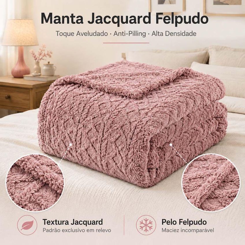 Cobertor Manta Atacama Casal 200x180cm Poliéster Jacquard Relevo Dupla Face Rosê Clara Luz Decora - imagem 3