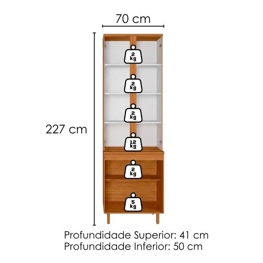 Paneleiro Cristaleira 12682 4 Portas 4 Prateleiras MDF Tamanho 70cm Freijo Off Acetinado Poliman - imagem 2