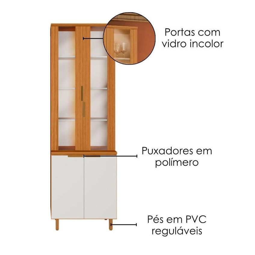Paneleiro Cristaleira 12682 4 Portas 4 Prateleiras MDF Tamanho 70cm Freijo Off Acetinado Poliman - imagem 3