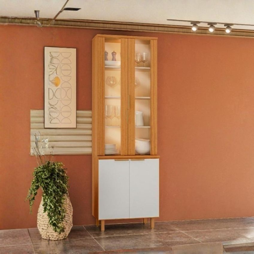 Paneleiro Cristaleira 12682 4 Portas 4 Prateleiras MDF Tamanho 70cm Freijo Off Acetinado Poliman - imagem 4