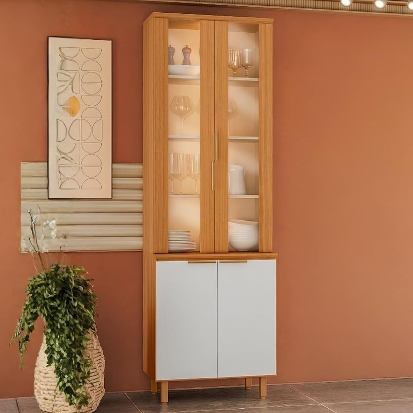 Paneleiro Cristaleira 12682 4 Portas 4 Prateleiras MDF Tamanho 70cm Freijo Off Acetinado Poliman - imagem 5
