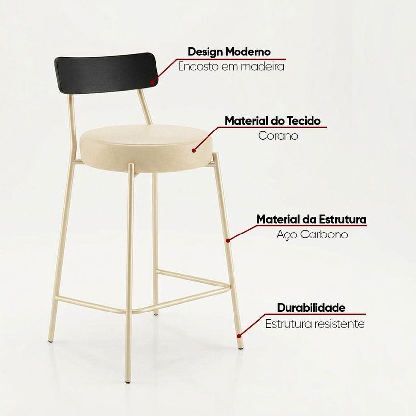 Banqueta Industrial D03 Assento PU Base Fixa Encosto Fixo Bege D'rossi - imagem 3
