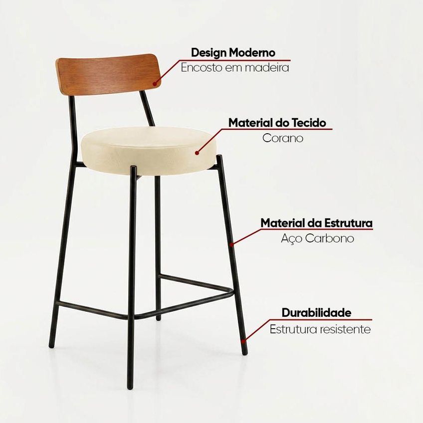 Banqueta Industrial D03 Assento Em Pu Base Fixa Com Encosto Fixo 95cm Bege D'rossi - imagem 4