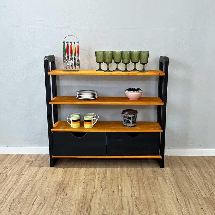 Aparador Linea Ample Moderno Sem Porta 2 Gavetas Madeira Maciça 100cm Amadeirado E Preto Artfactory - imagem 5