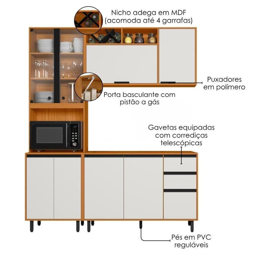 Cozinha Modulada Ravena 3 Módulos Sem Gavetas Mdp 180cm Freijo Off Acetinado Poliman Móveis - imagem 3