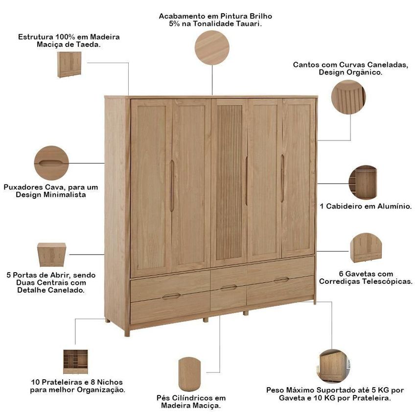 Guarda Roupa Casal Benton F06 5 Portas De Bater 6 Gavetas Madeira Maciça Tauari Lyam Decor - imagem 3