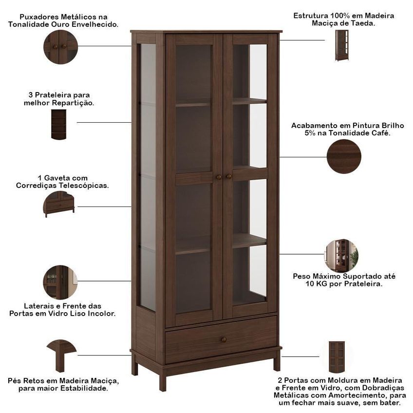 Cristaleira Ethos F06 2 Portas 3 Prateleiras Com Gaveta Café Lyam Decor - imagem 3