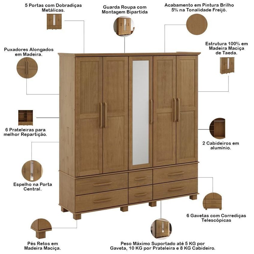 Guarda Roupa Casal Zahav F06 5 Portas De Bater 6 Gavetas Madeira Maciça Freijó Lyam Decor - imagem 5