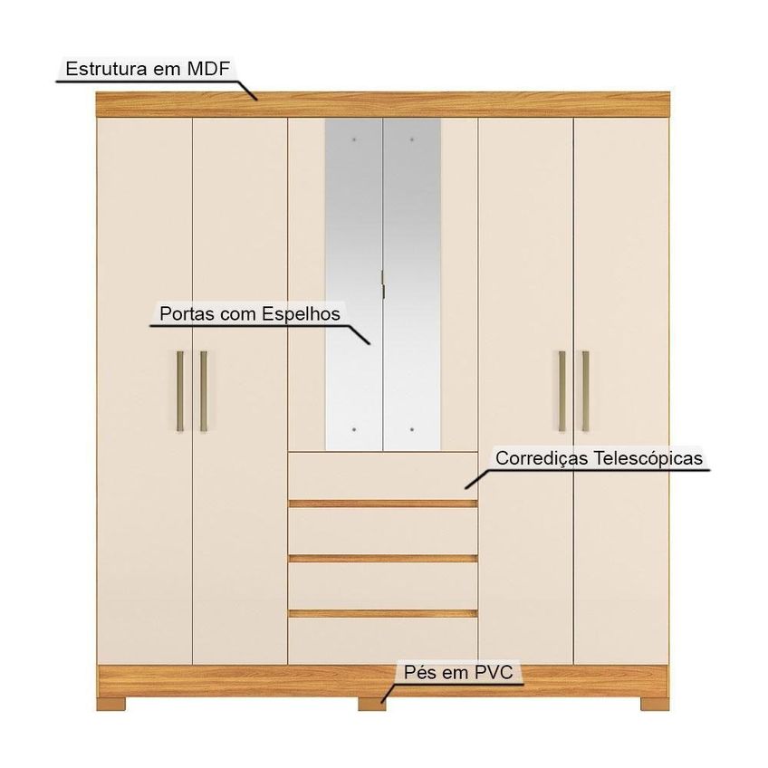 Guarda Roupa Casal Ópera 6 Portas 4 Gavetas MDF Com Espelho Cinamon Touch-Off White Demóbile - imagem 4
