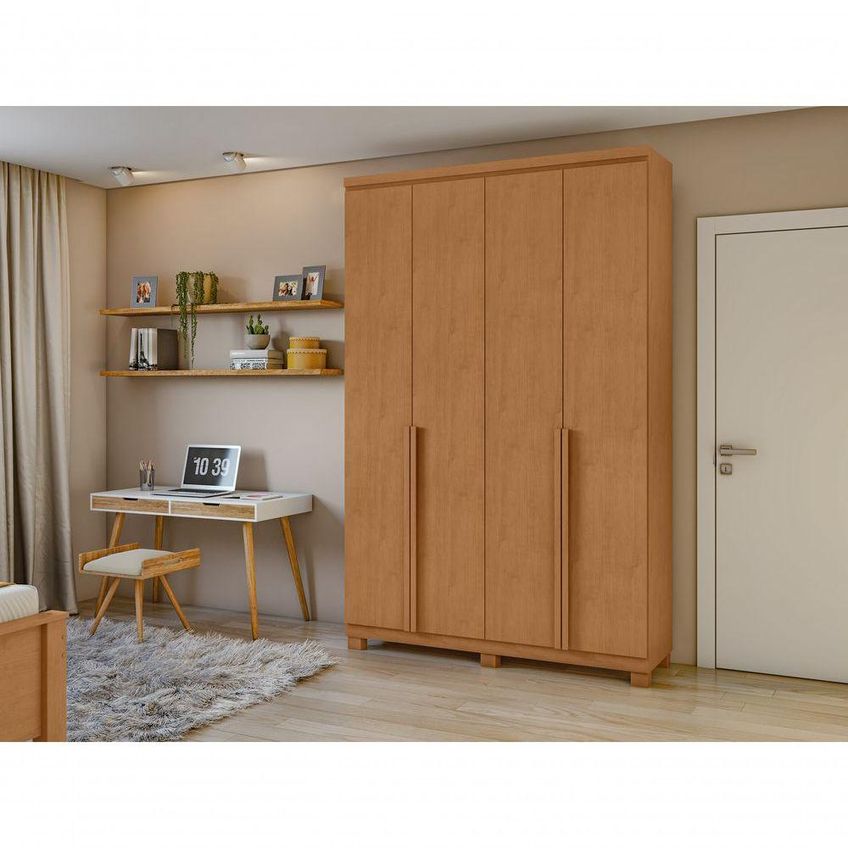 Guarda Roupa Solteiro E Closet Alonzo 4 Portas De Bater 2 Gavetas MDF Amendoa Clean Móveis Lopas - imagem 5