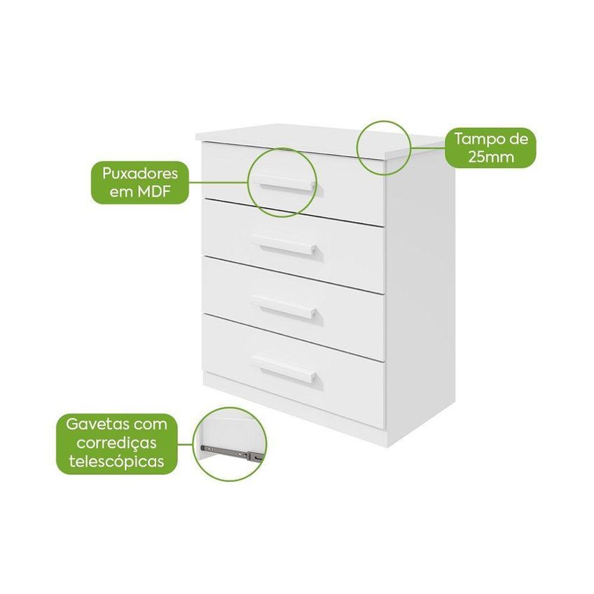Cômoda Baião 4 Gavetas Estrutura MDP MDF Puxador MDF Branco Móveis Lopas - imagem 3