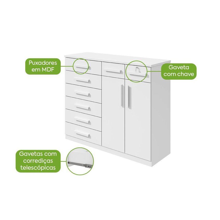 Comoda Toronto 2 Portas 8 Gavetas Mdp Mdf Puxador Mdf Branco Móveis Lopas - imagem 4