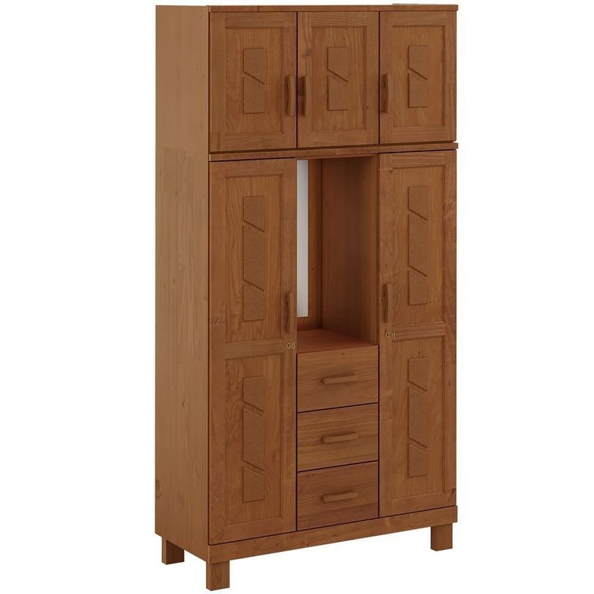 Guarda Roupa Solteiro Lorie F06 5 Portas Bater 3 Gavetas Madeira Maciça Castanho Lyam Decor - imagem 3
