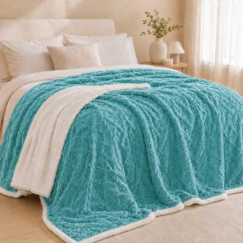 Cobertor Manta Santiago Casal 190x210cm Microfibra Dupla Face Sherpa Verde Tiffany Clara Luz Decora - imagem 4