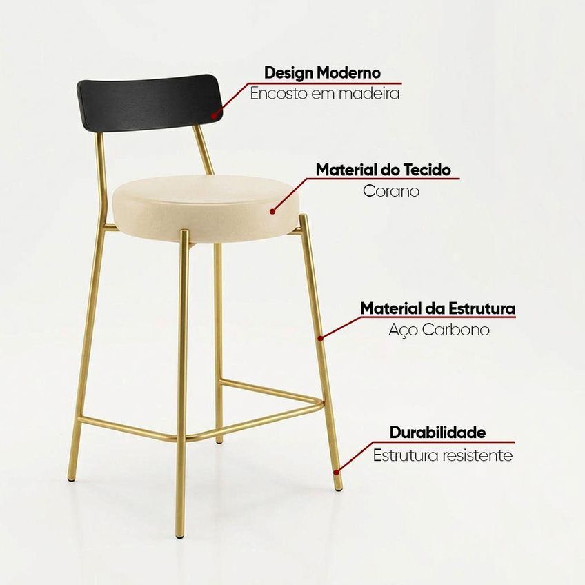 Banqueta Industrial Londrina Pu D03 Assento Pu Base Fixa Encosto Fixo Bege D'rossi - imagem 2