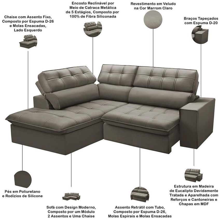Sofá Com Chaise Solin F04 3 Lugares Retrátil E Reclinável 243cm Marrom Claro Lyam Decor - imagem 4