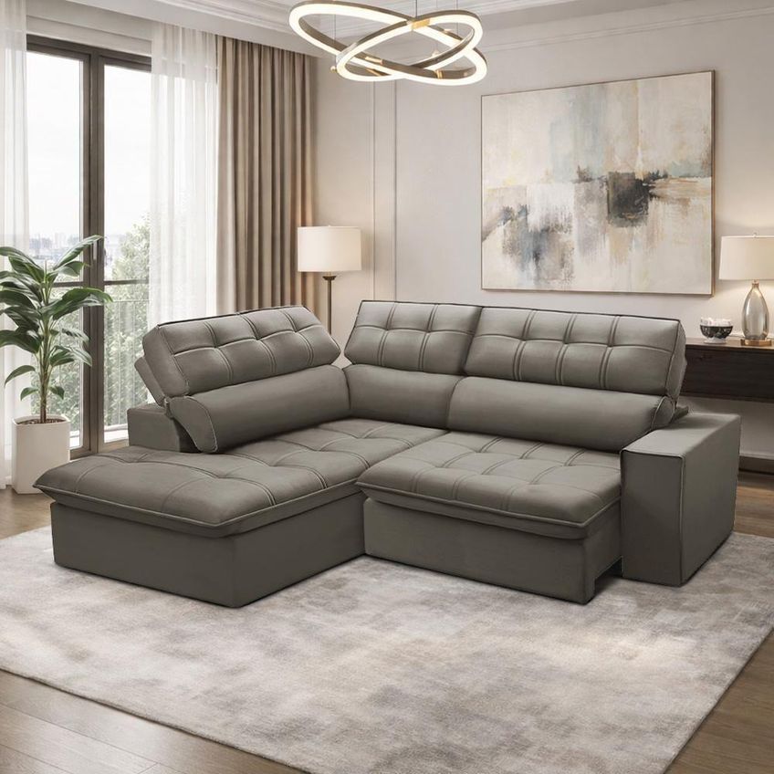 Sofá Com Chaise Solin F04 3 Lugares Retrátil E Reclinável 243cm Marrom Claro Lyam Decor - imagem 5