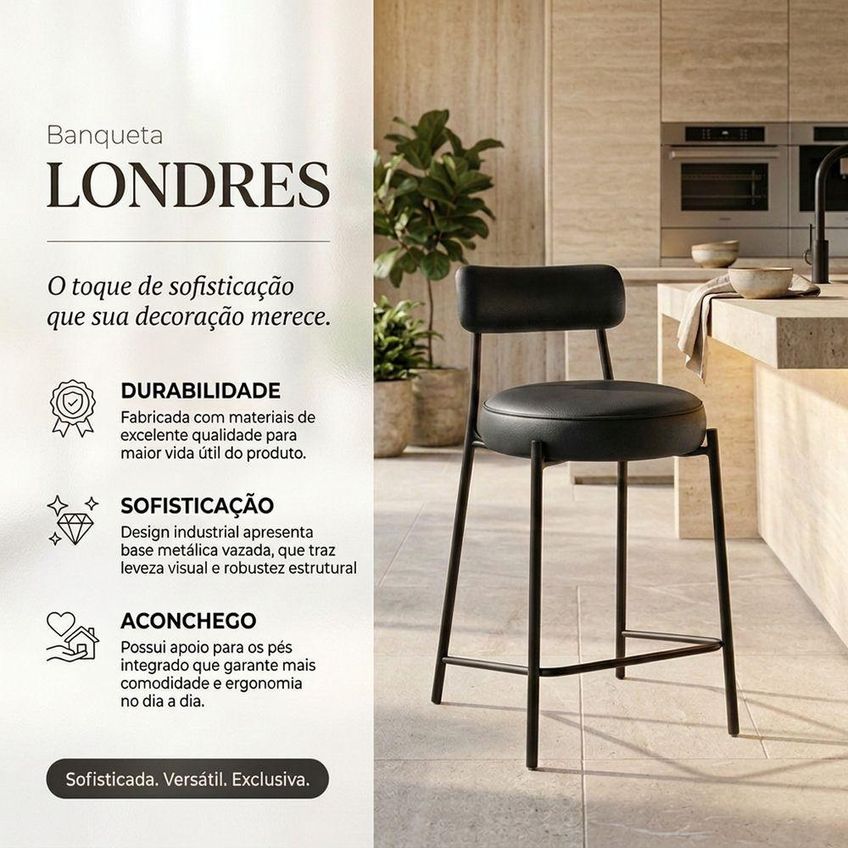Banqueta Alta Londres Pu Assento Courino Base Fixa Encosto 75cm Preto D'rossi - imagem 3