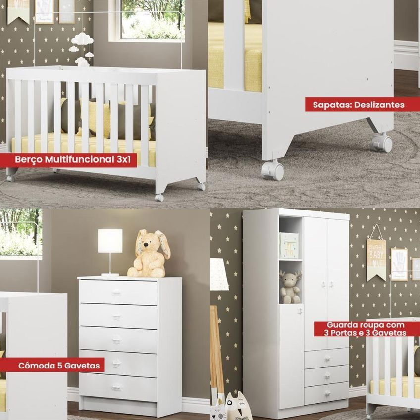 Conjunto Quarto Infantil Bbi51 Bb120 Bb322 Mdp Branco Ditália Móveis - imagem 5