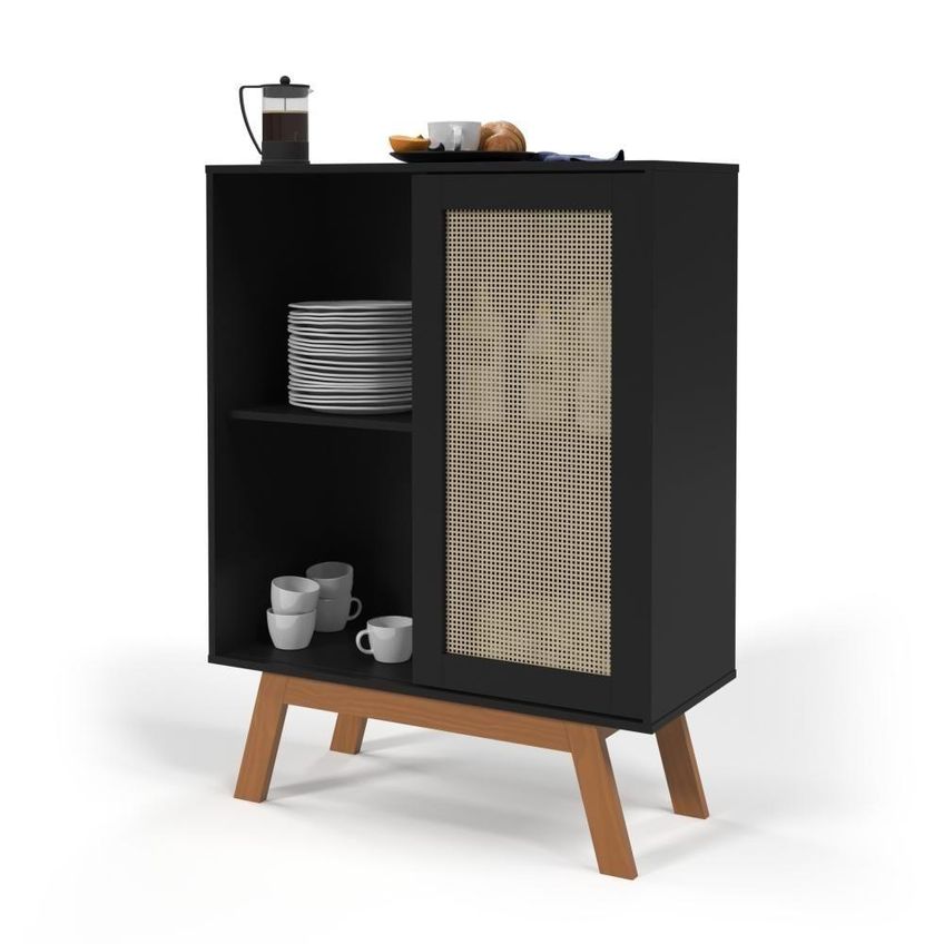 Aparador Buffet Barcelona Balcão Alto Com Porta Em Rattan Sintético Preto De Casa - imagem 3