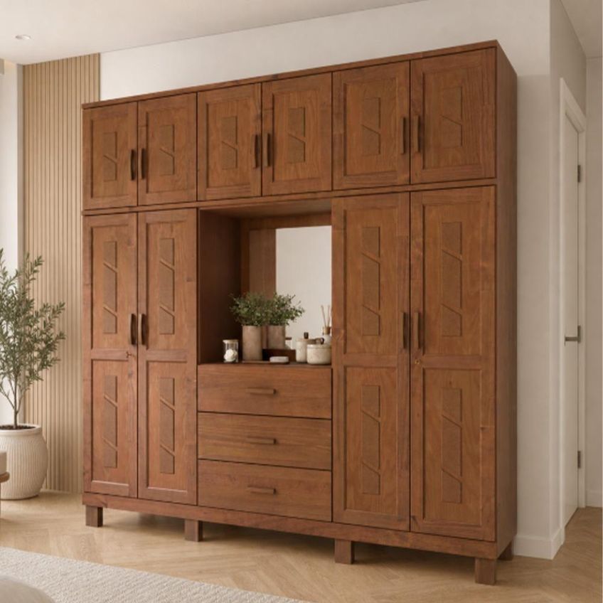 Guarda Roupa Casal Lorie F06 10 Portas De Bater 3 Gavetas Madeira Maciça Com Espelho Castanho Lyam - imagem 4