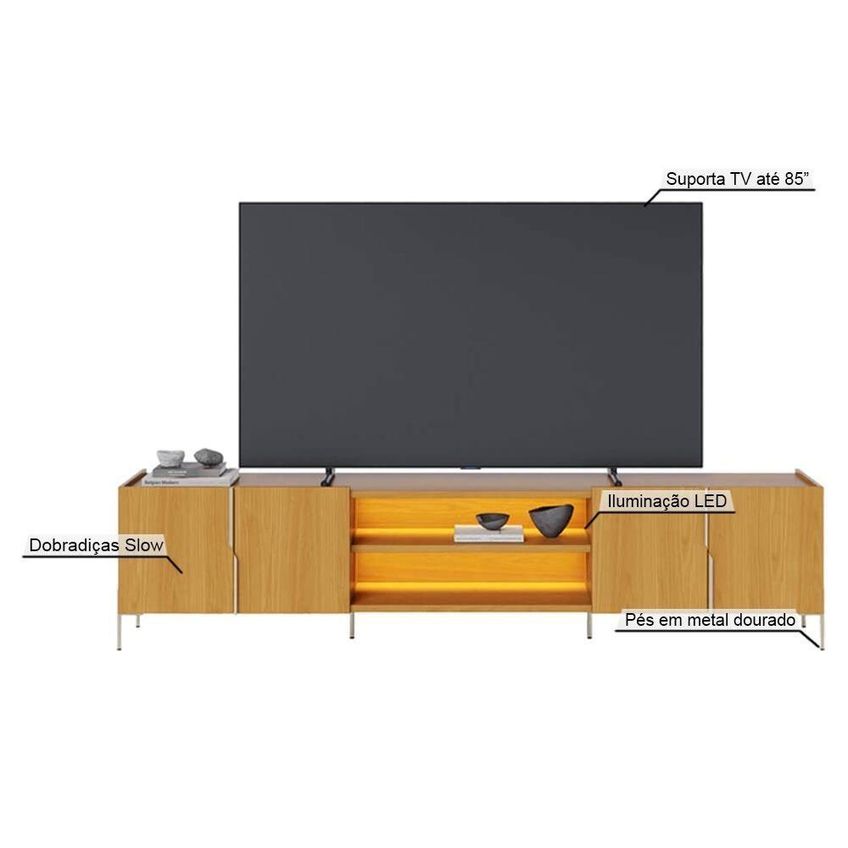 Rack Bancada Maggiore Para TV 85" 240cm MDP com LED Off White Colibri Móveis 4 Portas - imagem 4