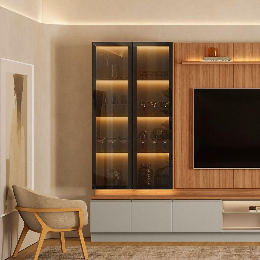 Cristaleira Magnata Moderno 2 Portas 3 Prateleiras MDF-MDP 80cm Café Com LED Linea Brasil 80cm - imagem 3