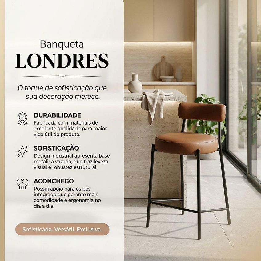 Banqueta Alta Londres Assento Em PU Base Fixa Com Encosto 75cm Preto D'rossi - imagem 2