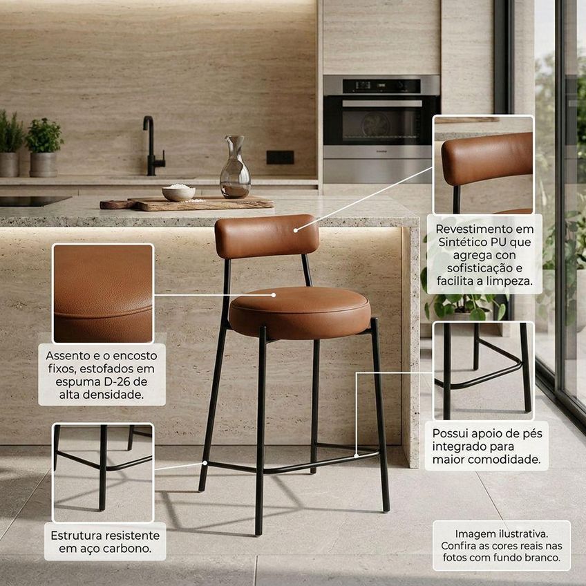 Banqueta Alta Londres Assento Em PU Base Fixa Com Encosto 75cm Preto D'rossi - imagem 3