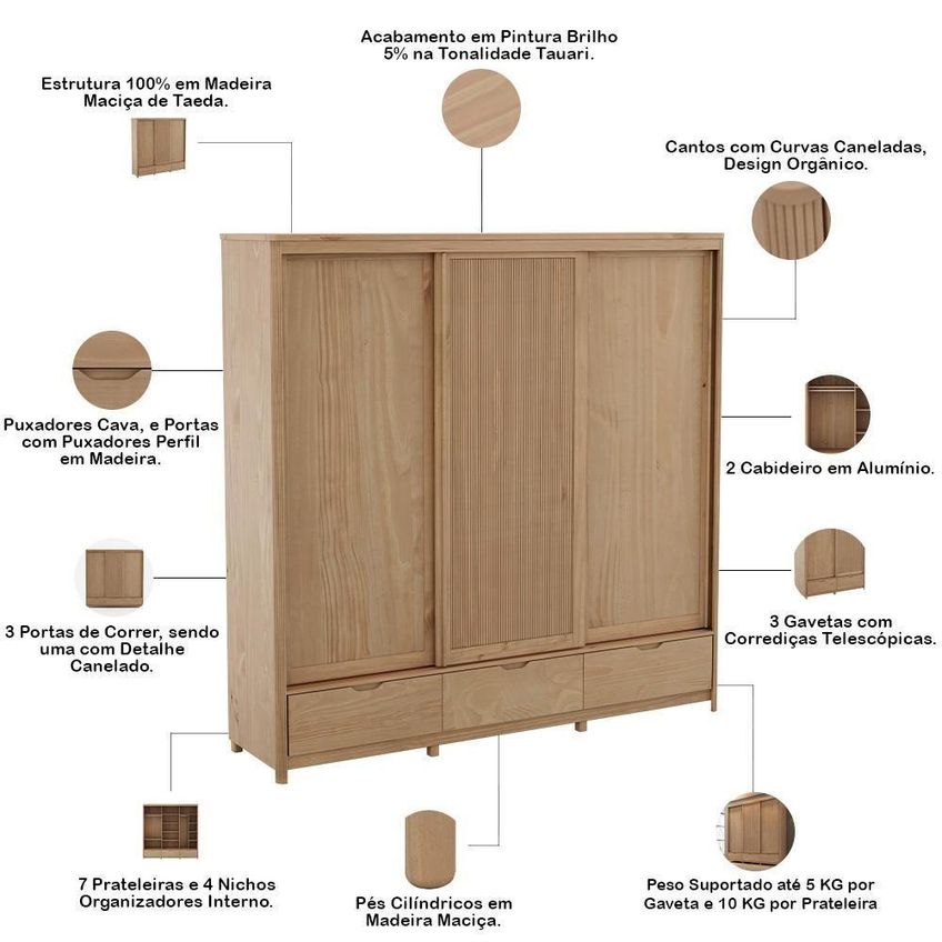 Guarda Roupa Casal Benton F06 3 Portas De Correr 3 Gavetas Madeira Maciça Tauari Lyam Decor - imagem 3