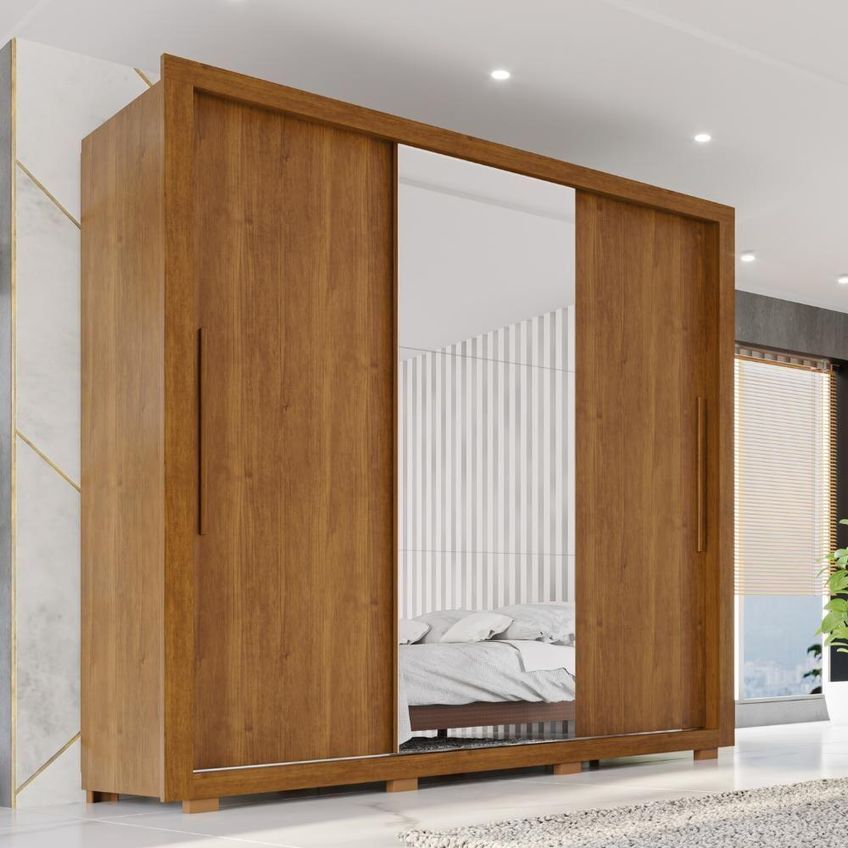 Guarda Roupa Casal Luna 3 Portas De Correr 4 Gavetas Mdp Mdf Com Espelho Cinamomo Luna 185.5cm - imagem 3