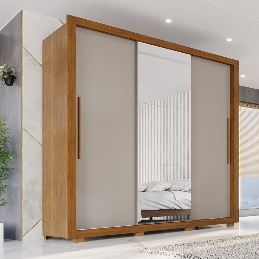 Guarda Roupa Casal Luna 3 Portas De Correr 4 Gavetas Mdp Mdf Com Espelho Cinamomo-off Luna 185cm - imagem 3