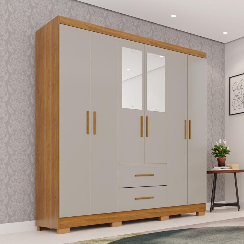 Guarda Roupa Casal Catar Premium 6 Portas De Bater 2 Gavetas Mdp Cinamomo Off White Catarina 150cm - imagem 3